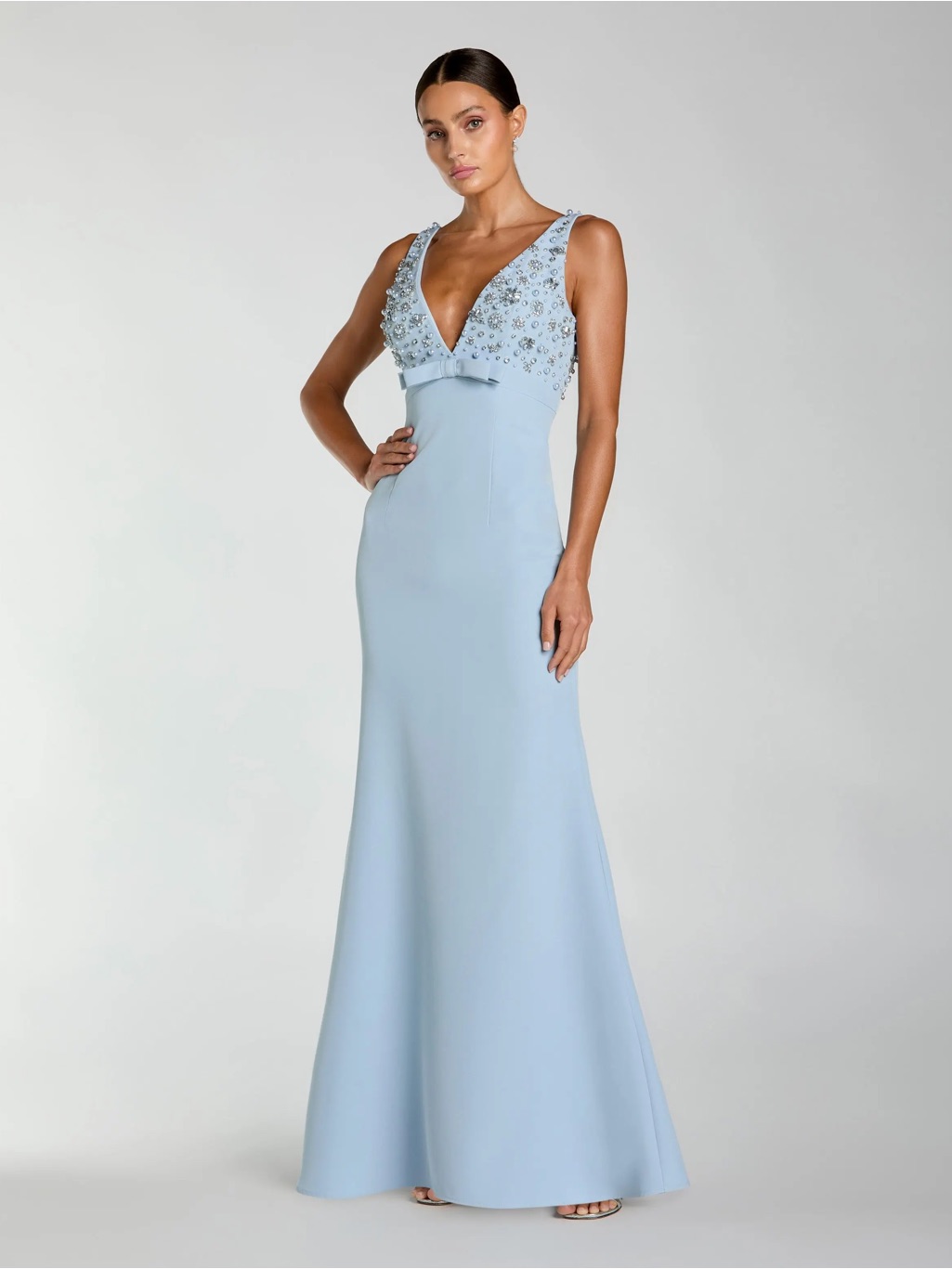 Mac Duggal 2278 Blue Sleeveless Embellished Crepe Gown With Bow 12